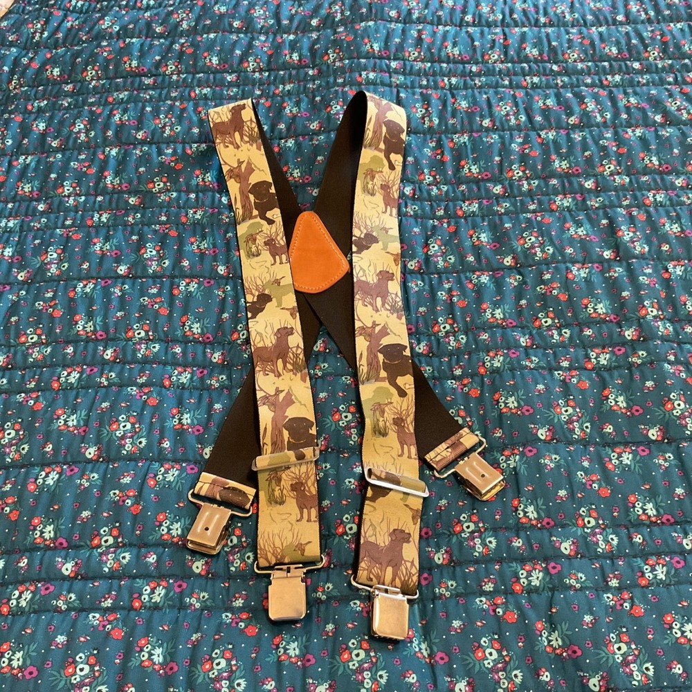 Vintage Hunting Dog and Duck Print X-Back Clip-On Suspenders Tan Brown
